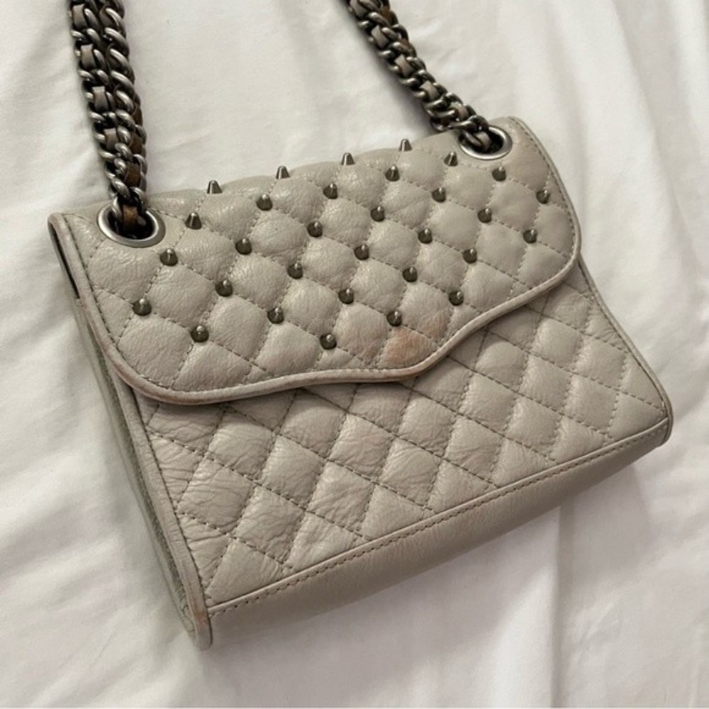 Rebecca Minkoff Light Gray Studded Quilted Leather Crossbody Shoulder Bag